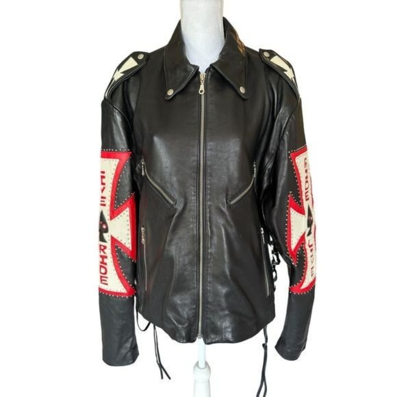 Tribe America Mens Moto Jacket Coat Leather Iron Cross Black Sz 48 Live To Ride - Picture 2 of 13